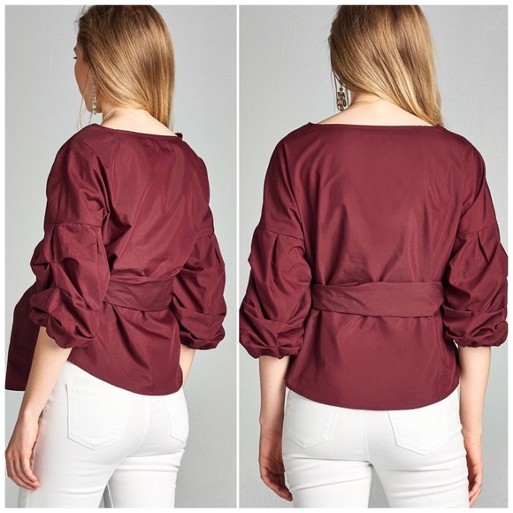 ❗️CLOSING SALE❗️ Burgundy V Neck Waist Tie Top - Picture 2 of 3
